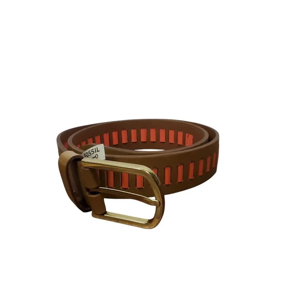 Fossil Leather Belt Womens Small Brown Orange Gold Tone Buckle